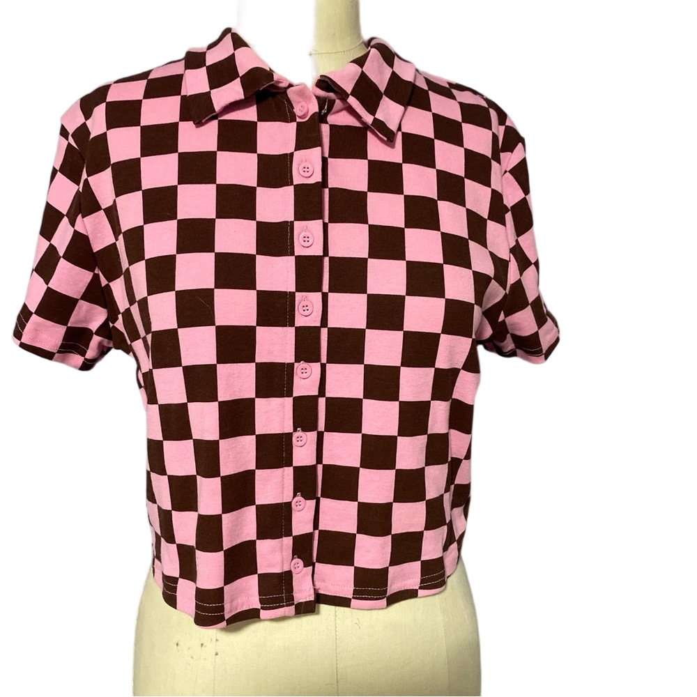 Rue21 Pink Brown Checkered Button Down Cropped Shirt NWT Juniors XL Y2K